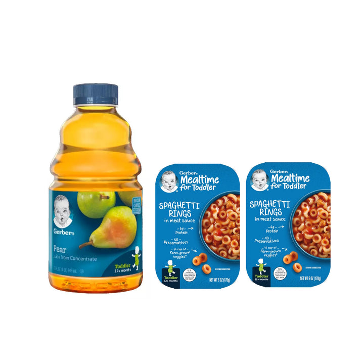 Gerber 100% Pear Juice + Gerber Spaghetti Rings in Meat Sauce x2