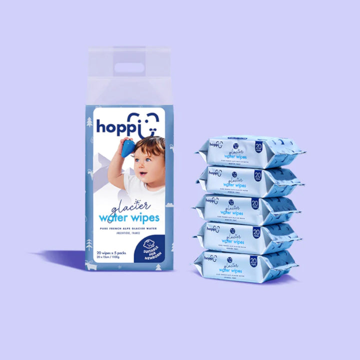 Hoppi Glacier Water Wipes (20 wipes x 5 packs)
