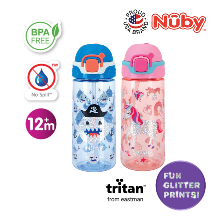 Nuby Tritan Cup with Silicone Spout w/Glitter Design Flip-it Bolt Cup, 18oz/540ml
