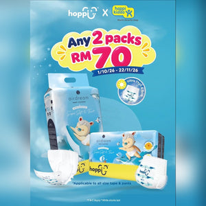 Hoppi x Happikiddo promotion: any 2 packs of AirDream diapers for RM70, tape and pants, all sizes, 1 Oct to 22 Nov 2026