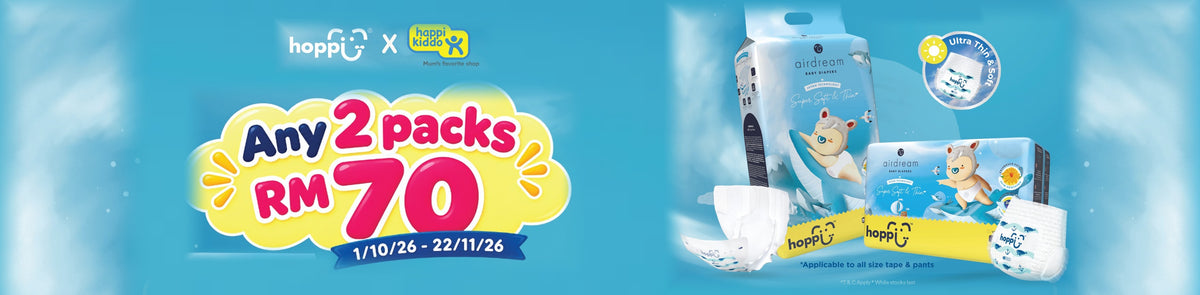 Hoppi × Happikiddo promo: any 2 packs of Hoppi Airdream baby diapers for RM70, 1 October to 22 November 2026, all sizes of tape and pants.