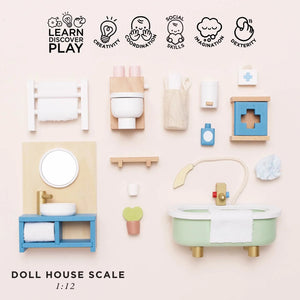 Le Toy Van Wooden Dolls House Bathroom Furniture - 19 Pc