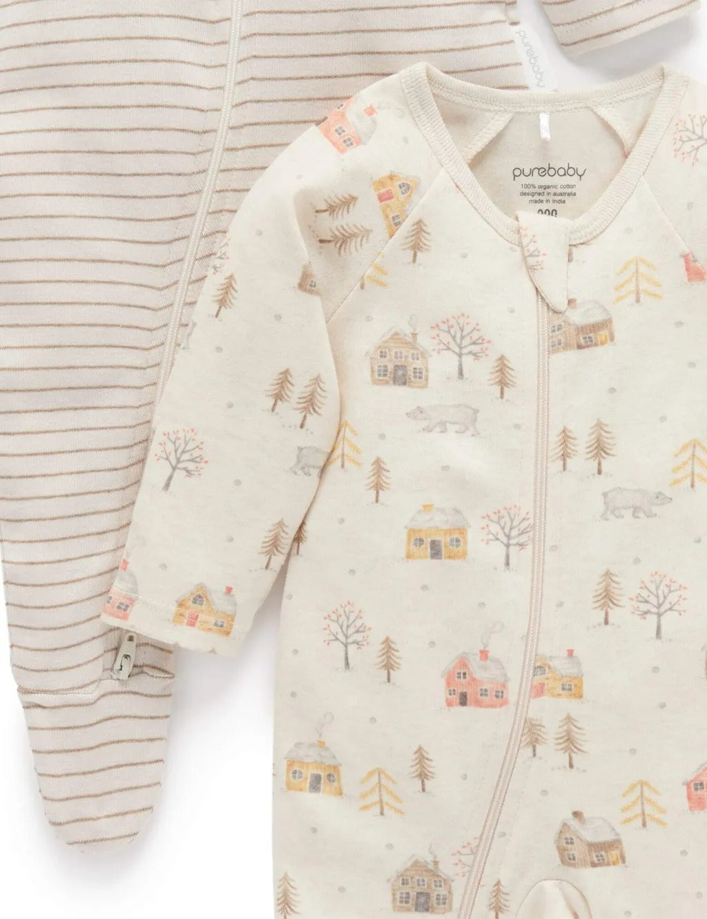 Purebaby 2 Pack Organic Zip Growsuit - Snowy Forest