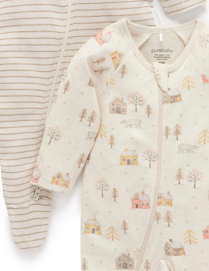 Purebaby 2 Pack Organic Zip Growsuit - Snowy Forest