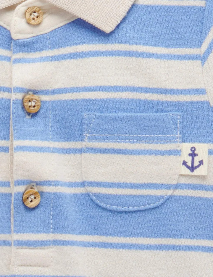 Purebaby Organic Striped Polo Growsuit - Ocean Stripe