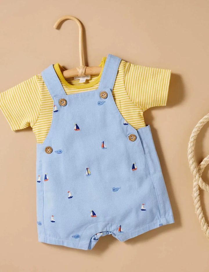 Purebaby Organic 2Pc Overall Set - Yacht Broderie