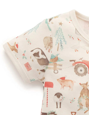 Purebaby Organic Short Sleeve Zip Growsuit - Farmyard Christmas