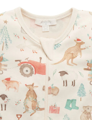 Purebaby Organic Short Sleeve Zip Growsuit - Farmyard Christmas