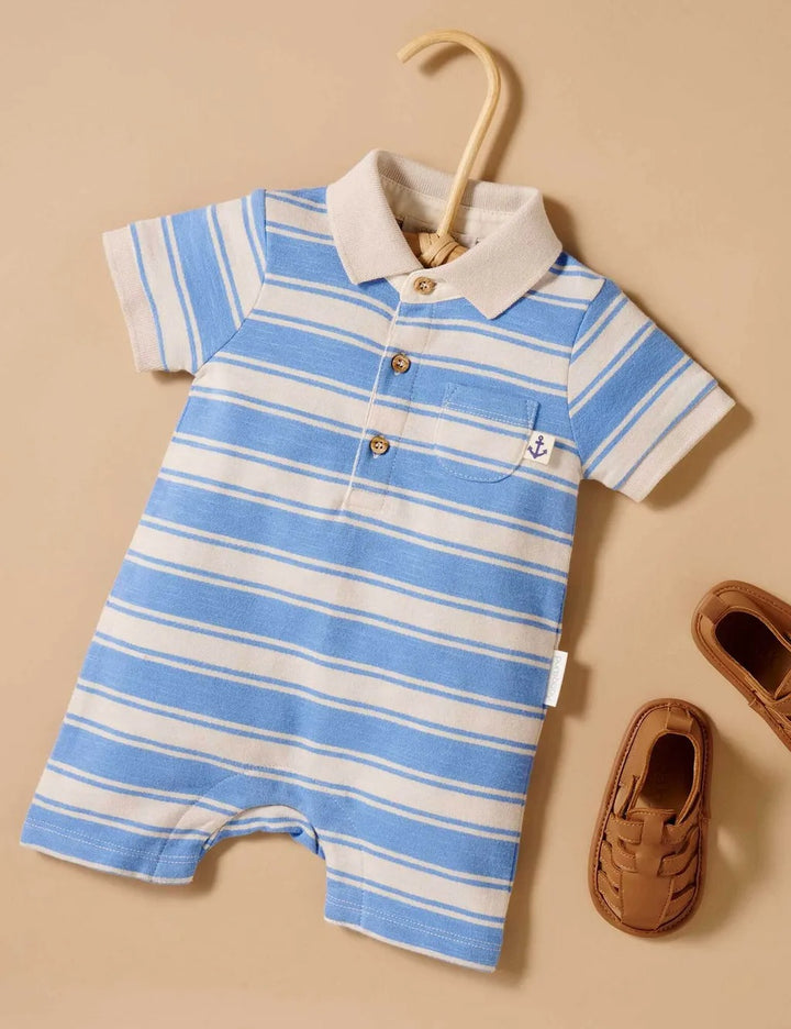 Purebaby Organic Striped Polo Growsuit - Ocean Stripe