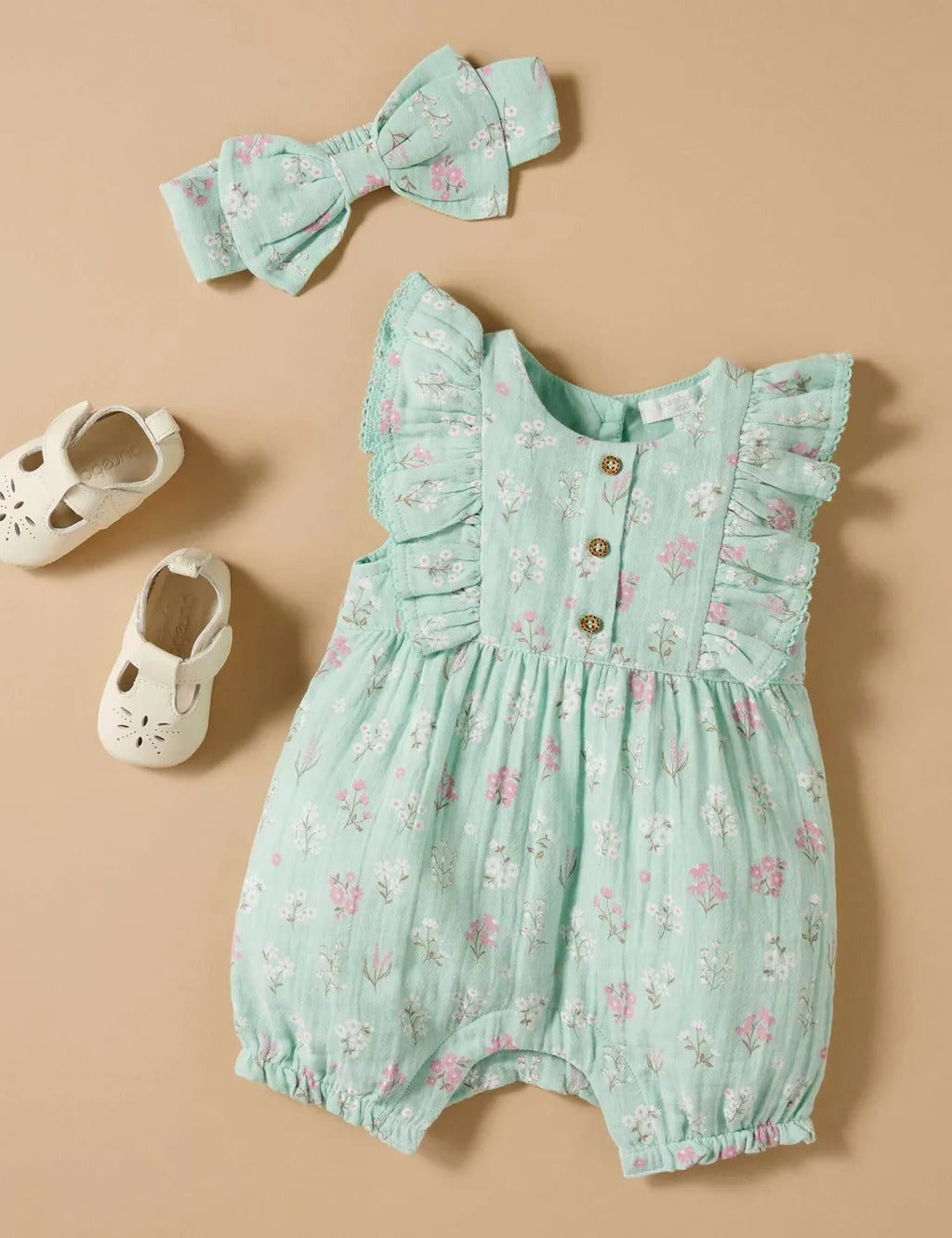 Purebaby Organic Ruffle Romper - Seafoam Floral