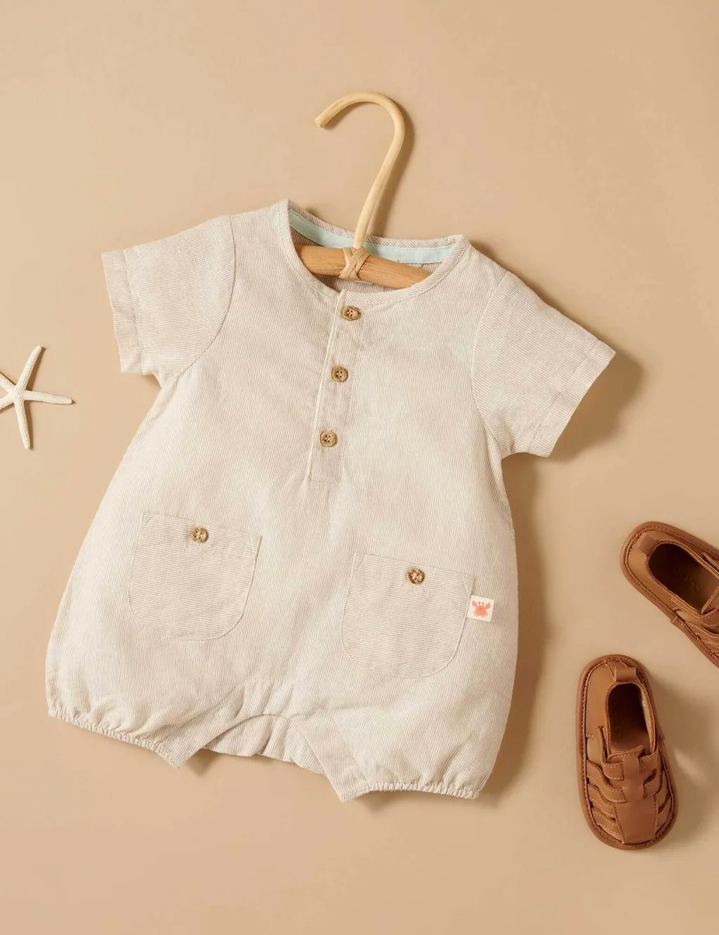 Purebaby Organic Linen Blend Romper - Driftwood Stripe