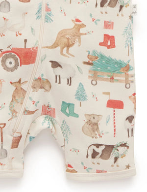Purebaby Organic Short Sleeve Zip Growsuit - Farmyard Christmas