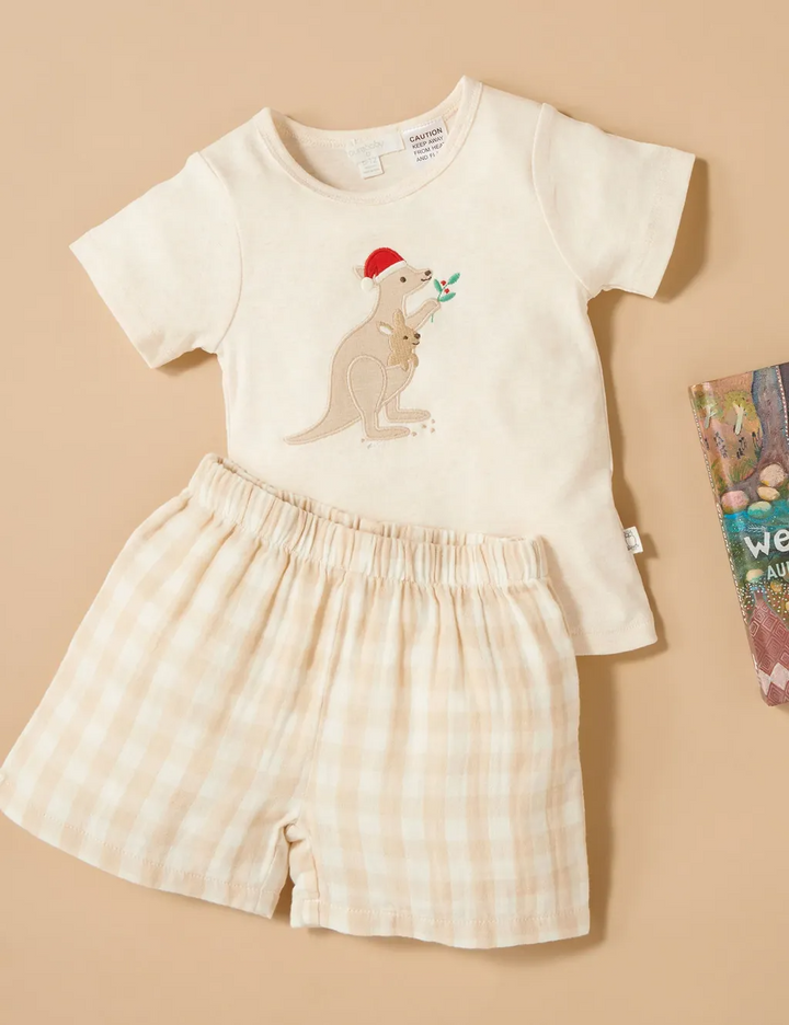 Purebaby Organic Mixed Short PJ Set - Gingham Kangaroo