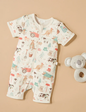 Purebaby Organic Short Sleeve Zip Growsuit - Farmyard Christmas