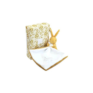 Mustard-yellow rabbit comforter with its gift box