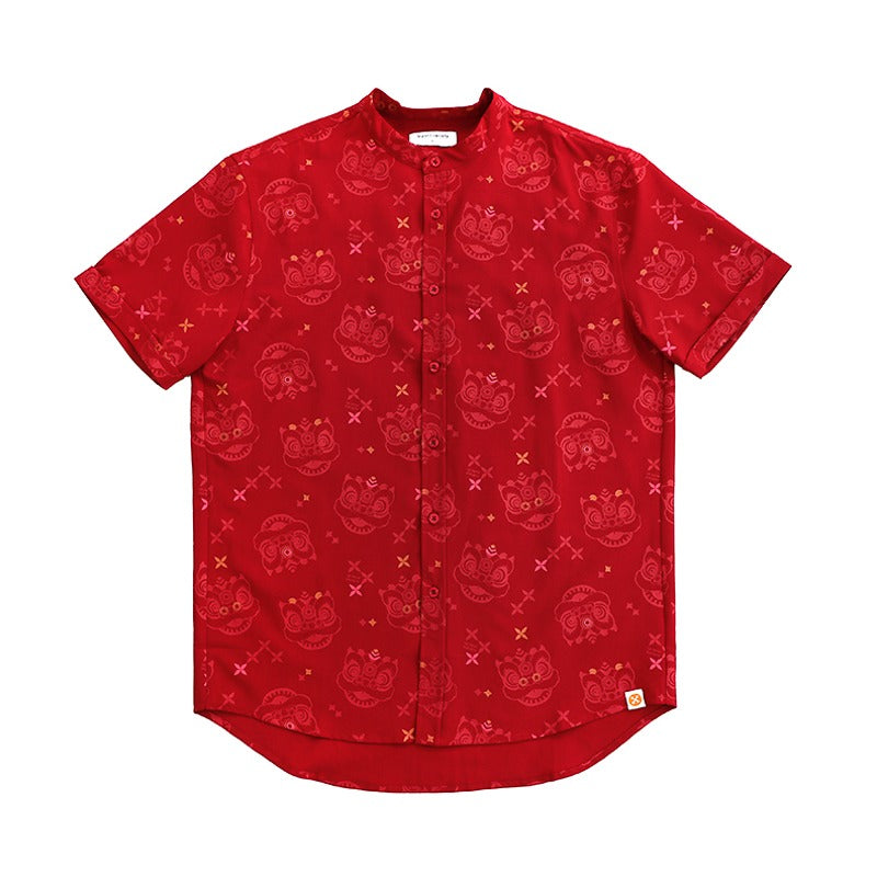Lion Dance Series - Men's Shirt in Red Festive Lion Print (Classic Fit)