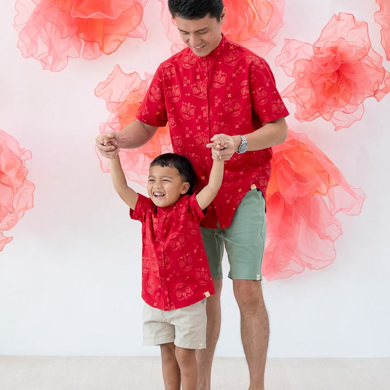 Lion Dance Series - Boys Shirt in Red Festive Lion Print