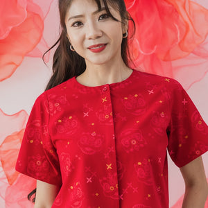 Lion Dance Series - Ladies Boxy Shirt in Red Festive Lion Print