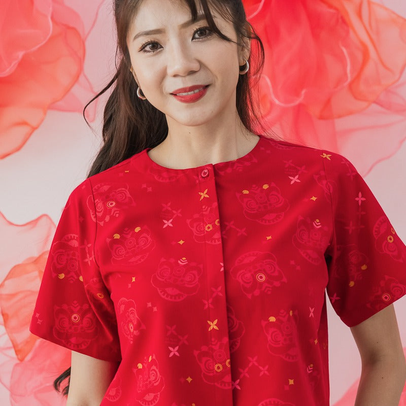 Lion Dance Series - Ladies Boxy Shirt in Red Festive Lion Print