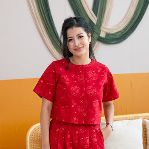 Lion Dance Series - Ladies Boxy Shirt in Red Festive Lion Print