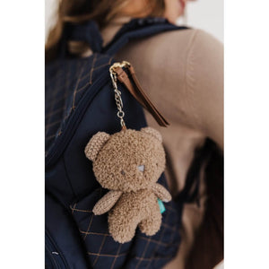 Beanie the Bear keychain clipped to a backpack