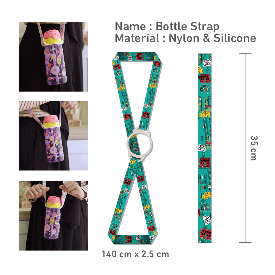 Nuby Universal Bottle Strap, City design, 140cm x 2.5cm nylon strap with silicone ring