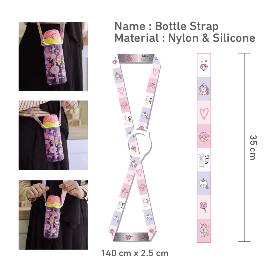 Nuby Universal Bottle Strap, Unicorn design, 140cm x 2.5cm nylon strap with silicone ring
