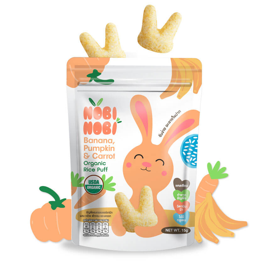 Nobi Nobi Organic Jasmine Rice Puffs Banana, Pumpkin and Carrot pouch with puffs