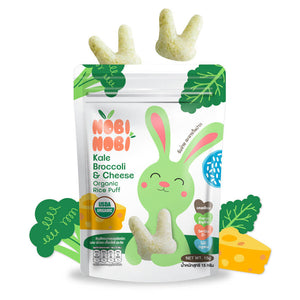 Nobi Nobi Organic Jasmine Rice Puffs Kale, Broccoli and Cheese pouch with puffs