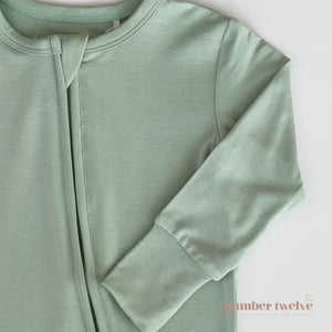 Number Twelve Bamboo Footies Pistachio, two-way zip detail
