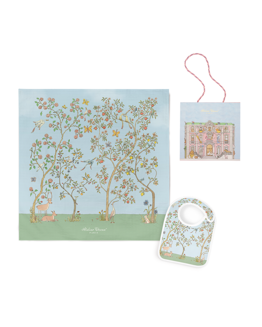 Atelier Choux In Bloom Blue Carré & Satin Bib set with Monceau Mansion Gift Box