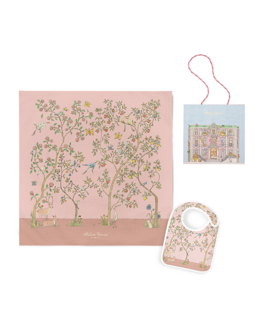 Atelier Choux In Bloom Pink Carré & Satin Bib set with Monceau Mansion Gift Box