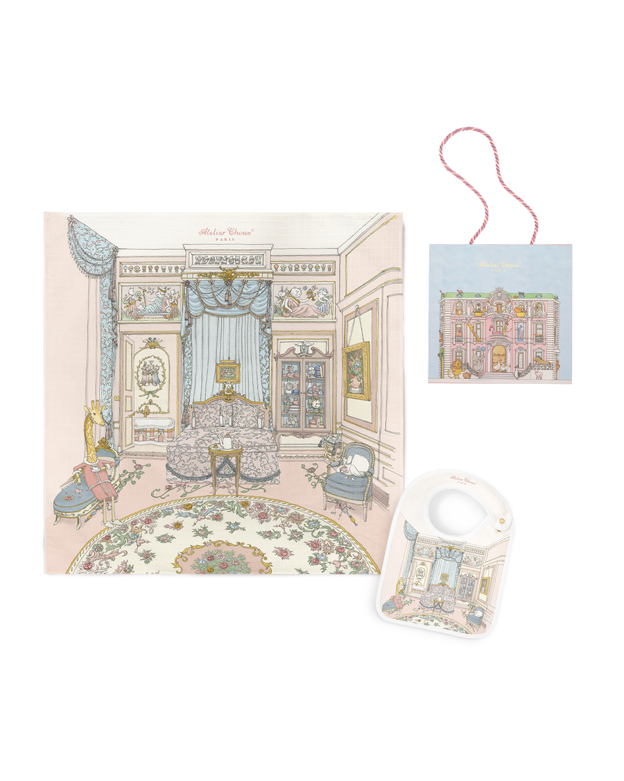 Atelier Choux French Bedroom Carré & Satin Bib set with Monceau Mansion Gift Box
