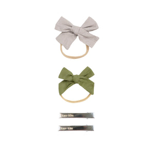 Kays+Kins Pine and Slate linen bows on nylon headbands