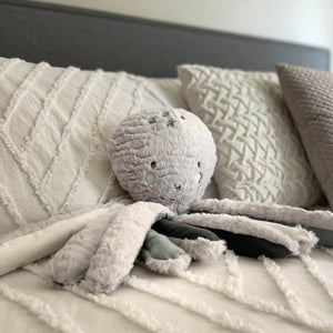 Inky the Grey Octopus plush with linen-lined legs