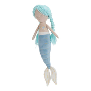 Mariela the Blue Mermaid plush with sky blue velvet tail