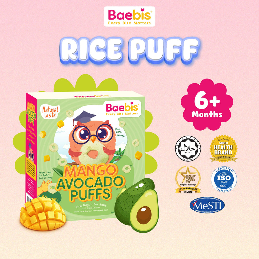Baebis Mango Avocado Rice Puffs retail box, marked 6+ Months, with Halal, ISO 9001 and MeSTI certification marks