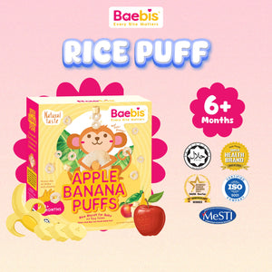 Baebis Apple Banana Rice Puffs retail box, marked 6+ Months, with Halal, ISO 9001 and MeSTI certification marks