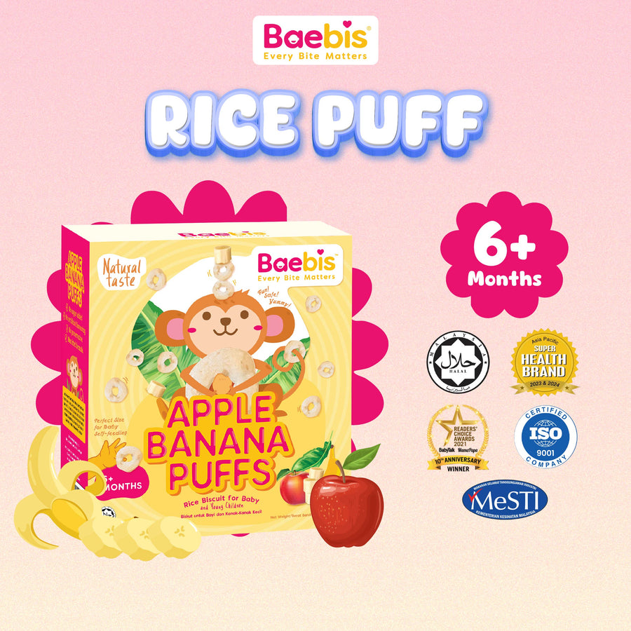 Baebis Apple Banana Rice Puffs retail box, marked 6+ Months, with Halal, ISO 9001 and MeSTI certification marks