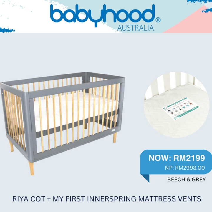 BABYHOOD RIYA COT (GREY AND WHITE) + BABYHOOD MY FIRST INNERSPRING MATTRESS WITH VENTS