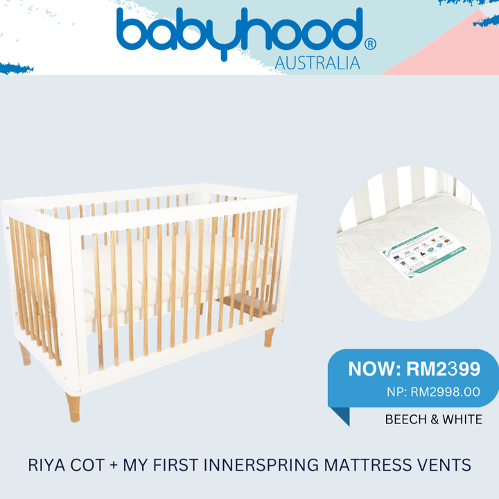 BABYHOOD RIYA COT (BEECH AND WHITE) + BABYHOOD MY FIRST INNERSPRING MATTRESS WITH VENTS