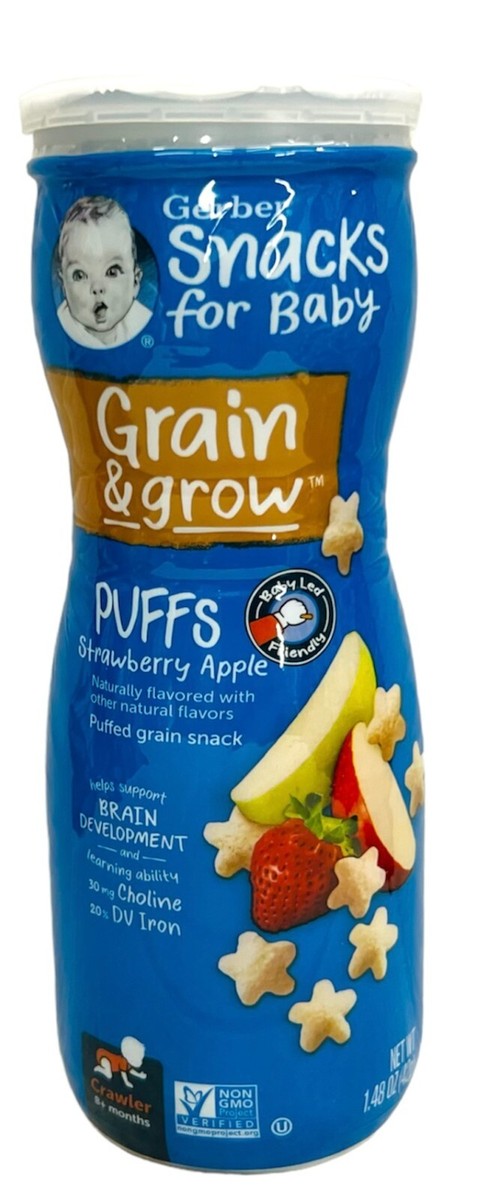 Gerber Puffs Strawberry Apple Snacks for Baby Grain & Grow 1.48 oz canister