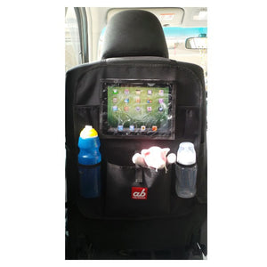 Akarana back seat organiser and tablet holder fitted to a car seat