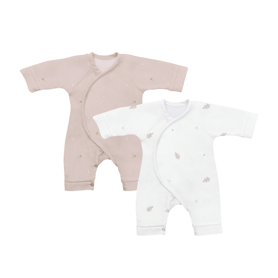 Saeson Baby Pajamas Set in Dandelion Flow and Soft Leaves - two long-sleeve baby sleepsuits, flat lay