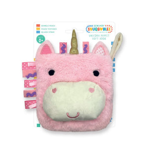 Make Believe Ideas Sensory Snuggables Unicorn Puppet Soft Book, pink plush unicorn cloth book with ribbon tabs