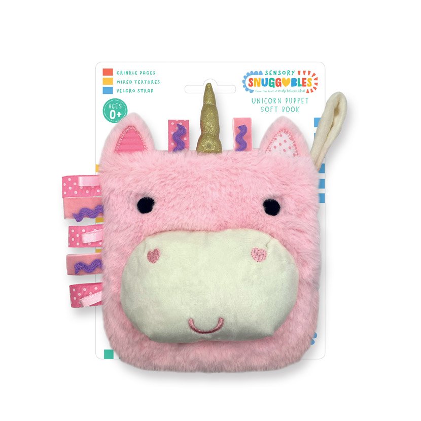 Make Believe Ideas Sensory Snuggables Unicorn Puppet Soft Book, pink plush unicorn cloth book with ribbon tabs