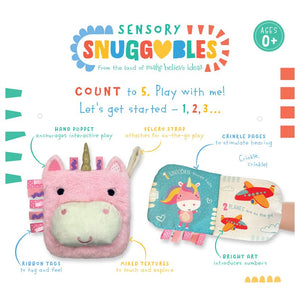 Sensory Snuggables Unicorn Puppet Soft Book shown open, with crinkle pages and counting artwork