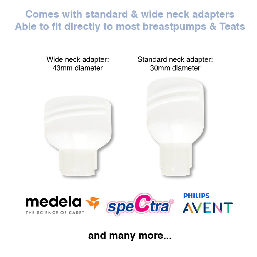 Isa Uchi standard neck (30mm) and wide neck (43mm) breast milk storage bag adaptors