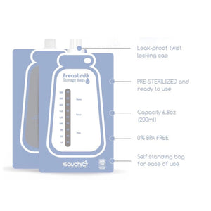 Isa Uchi breast milk storage bag features: leak-proof twist locking cap, pre-sterilised, 200ml capacity, BPA free, self-standing