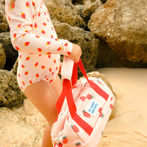 Kids Thermal Lunch Bag in Strawberry Print with Red Strap